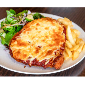 Chicken Parmigiana  with chips and salad